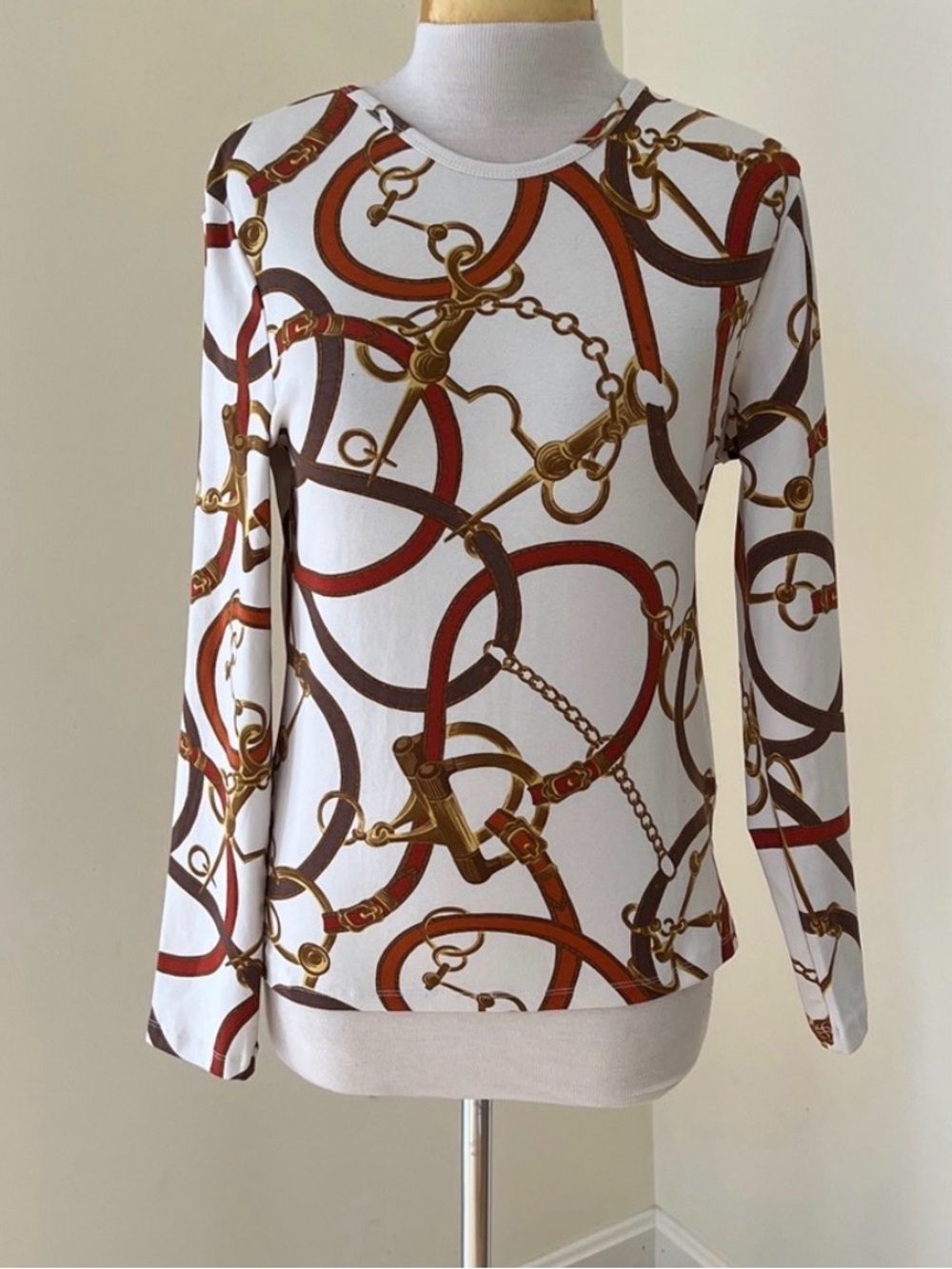 New! Lauren Ralph Lauren Cream Chain & Belting Print Long Sleeve Top in PLarge.